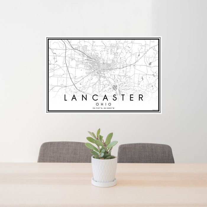 24x36 Lancaster Ohio Map Print Lanscape Orientation in Classic Style Behind 2 Chairs Table and Potted Plant