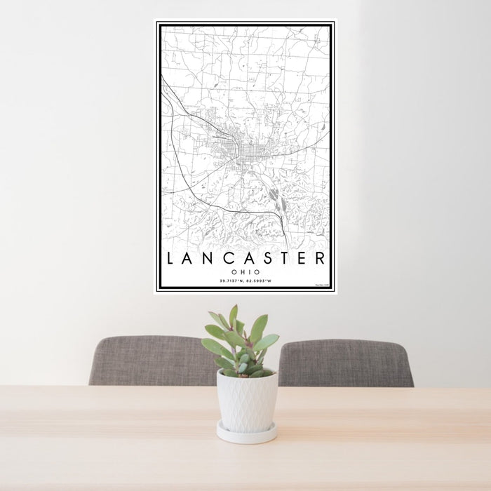 24x36 Lancaster Ohio Map Print Portrait Orientation in Classic Style Behind 2 Chairs Table and Potted Plant