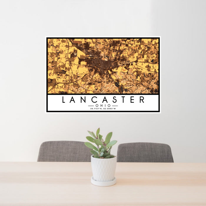 24x36 Lancaster Ohio Map Print Lanscape Orientation in Ember Style Behind 2 Chairs Table and Potted Plant