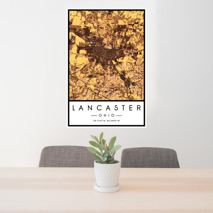 24x36 Lancaster Ohio Map Print Portrait Orientation in Ember Style Behind 2 Chairs Table and Potted Plant