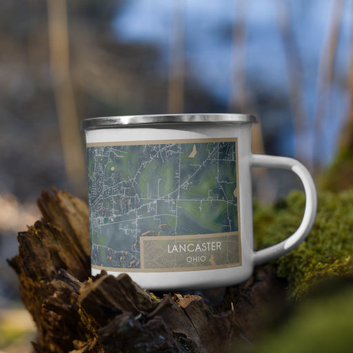 Right View Custom Lancaster Ohio Map Enamel Mug in Afternoon on Grass With Trees in Background
