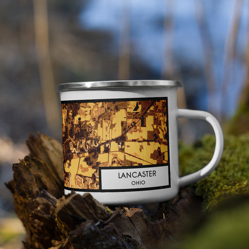 Right View Custom Lancaster Ohio Map Enamel Mug in Ember on Grass With Trees in Background
