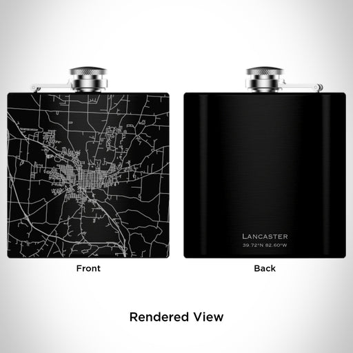 Rendered View of Lancaster Ohio Map Engraving on 6oz Stainless Steel Flask in Black