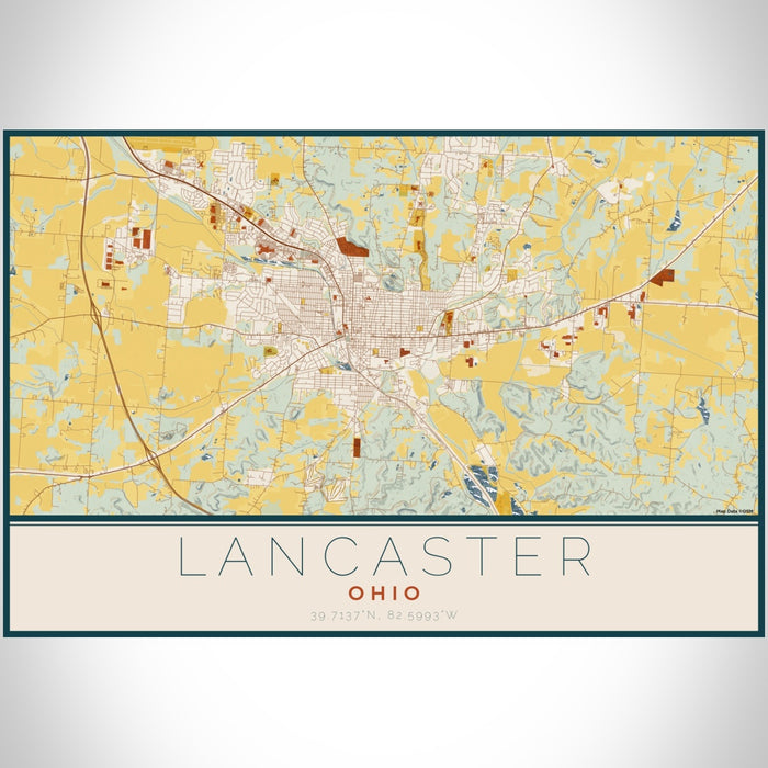 Lancaster Ohio Map Print Landscape Orientation in Woodblock Style With Shaded Background