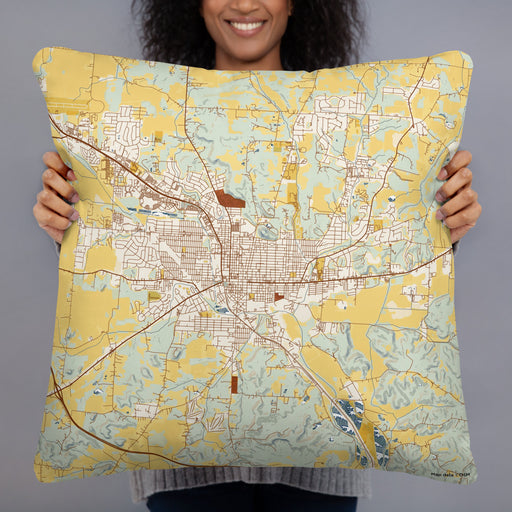 Person holding 22x22 Custom Lancaster Ohio Map Throw Pillow in Woodblock