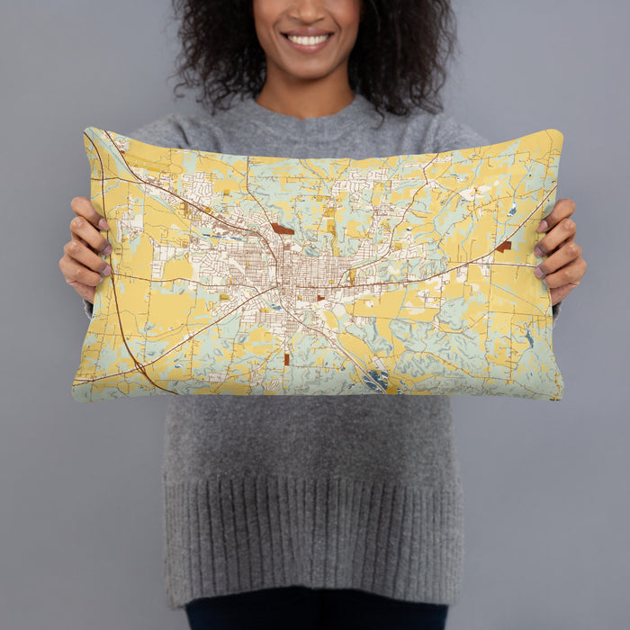Person holding 20x12 Custom Lancaster Ohio Map Throw Pillow in Woodblock