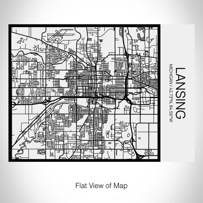 Rendered View of Lansing Michigan Map on 20oz Stainless Steel Insulated Bottle with Bamboo Top in Matte White with printed Tactile Lines Map in Black