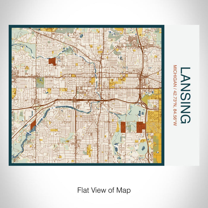 Rendered View of Lansing Michigan Map on 20oz Stainless Steel Insulated Bottle with Bamboo Top with printed woodblock style map