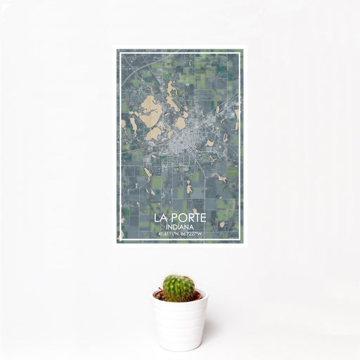 12x18 La Porte Indiana Map Print Portrait Orientation in Afternoon Style With Small Cactus Plant in White Planter