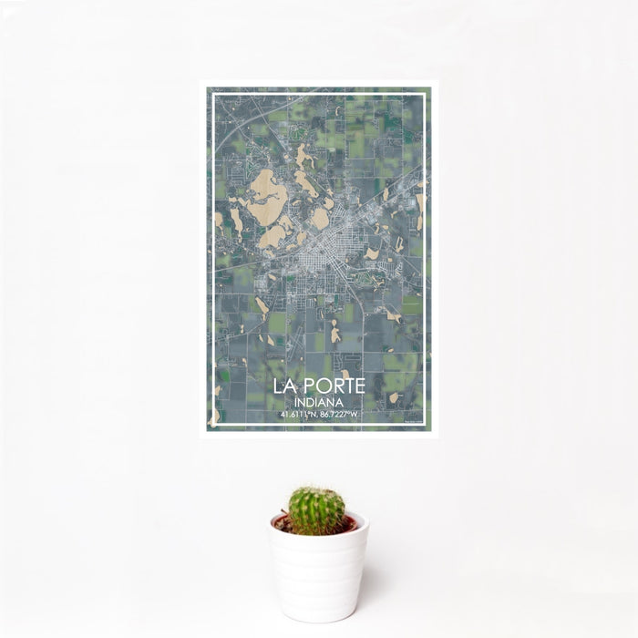 12x18 La Porte Indiana Map Print Portrait Orientation in Afternoon Style With Small Cactus Plant in White Planter