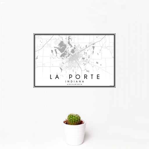 12x18 La Porte Indiana Map Print Landscape Orientation in Classic Style With Small Cactus Plant in White Planter