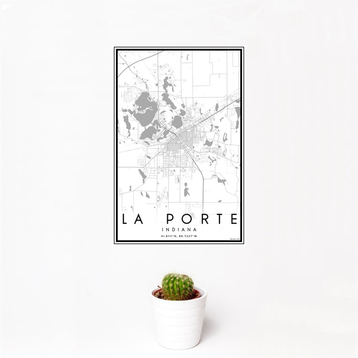 12x18 La Porte Indiana Map Print Portrait Orientation in Classic Style With Small Cactus Plant in White Planter