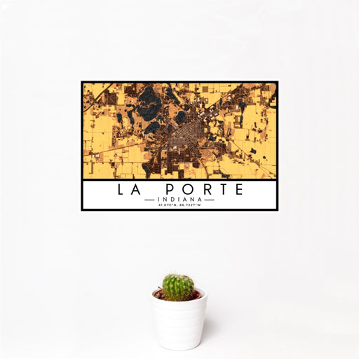12x18 La Porte Indiana Map Print Landscape Orientation in Ember Style With Small Cactus Plant in White Planter