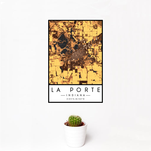 12x18 La Porte Indiana Map Print Portrait Orientation in Ember Style With Small Cactus Plant in White Planter