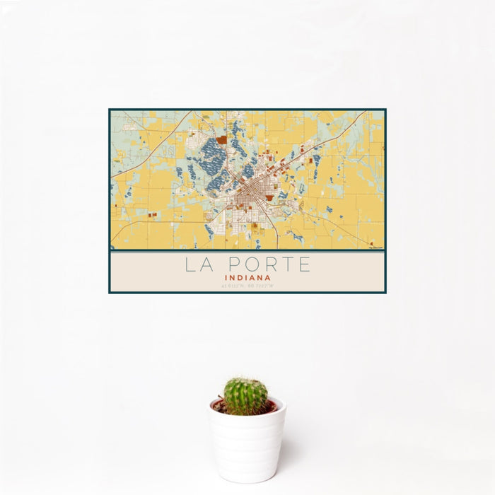 12x18 La Porte Indiana Map Print Landscape Orientation in Woodblock Style With Small Cactus Plant in White Planter