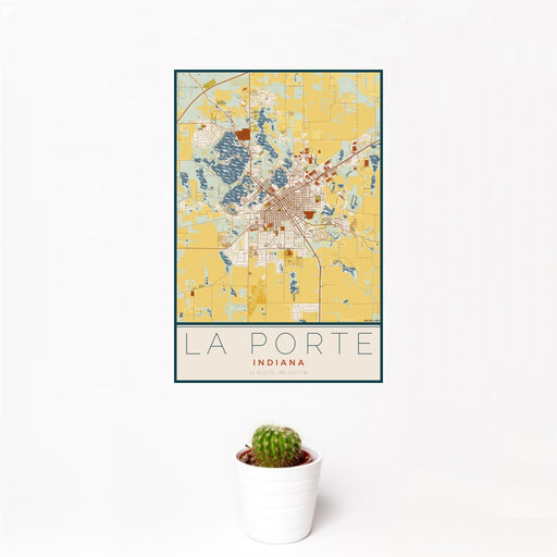 12x18 La Porte Indiana Map Print Portrait Orientation in Woodblock Style With Small Cactus Plant in White Planter