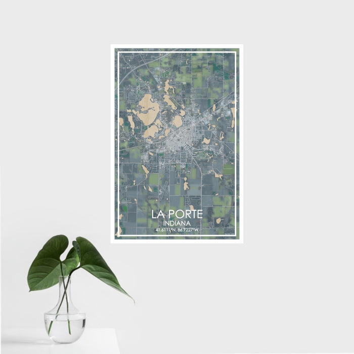 16x24 La Porte Indiana Map Print Portrait Orientation in Afternoon Style With Tropical Plant Leaves in Water