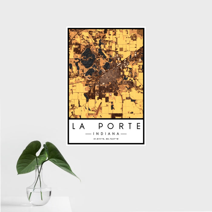 16x24 La Porte Indiana Map Print Portrait Orientation in Ember Style With Tropical Plant Leaves in Water