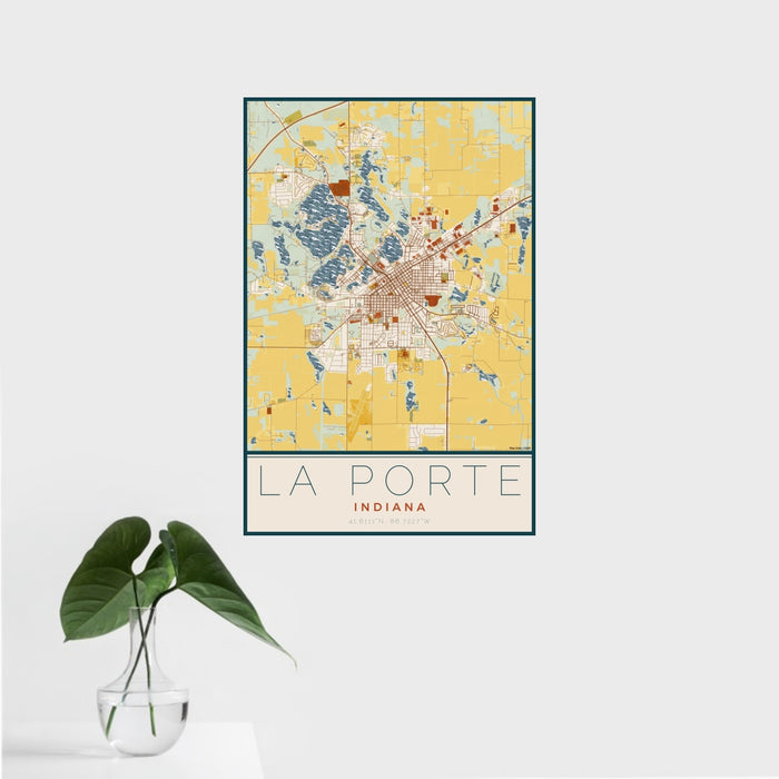 16x24 La Porte Indiana Map Print Portrait Orientation in Woodblock Style With Tropical Plant Leaves in Water