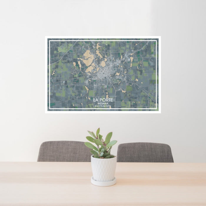 24x36 La Porte Indiana Map Print Lanscape Orientation in Afternoon Style Behind 2 Chairs Table and Potted Plant