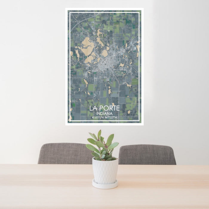 24x36 La Porte Indiana Map Print Portrait Orientation in Afternoon Style Behind 2 Chairs Table and Potted Plant