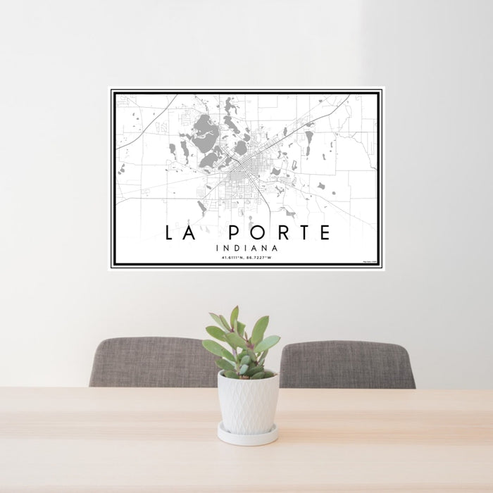 24x36 La Porte Indiana Map Print Lanscape Orientation in Classic Style Behind 2 Chairs Table and Potted Plant