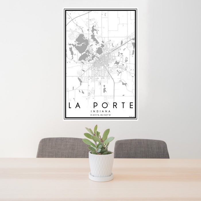 24x36 La Porte Indiana Map Print Portrait Orientation in Classic Style Behind 2 Chairs Table and Potted Plant