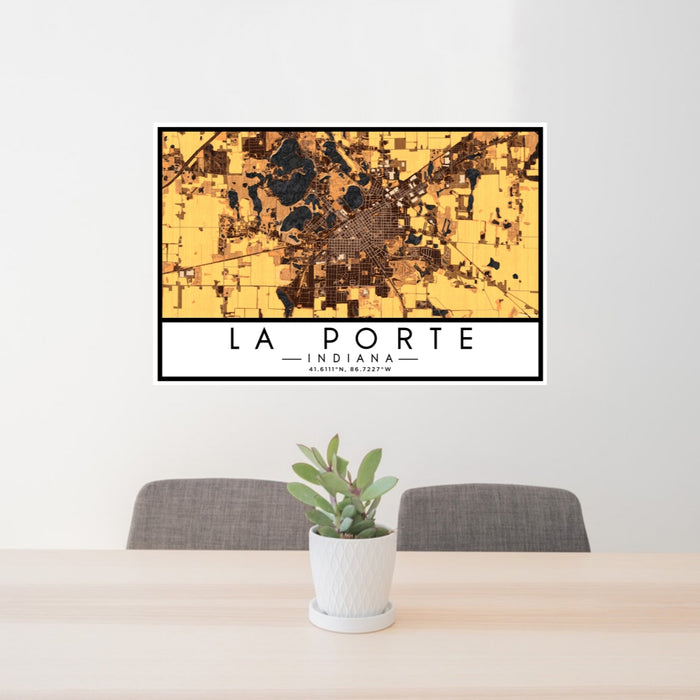 24x36 La Porte Indiana Map Print Lanscape Orientation in Ember Style Behind 2 Chairs Table and Potted Plant