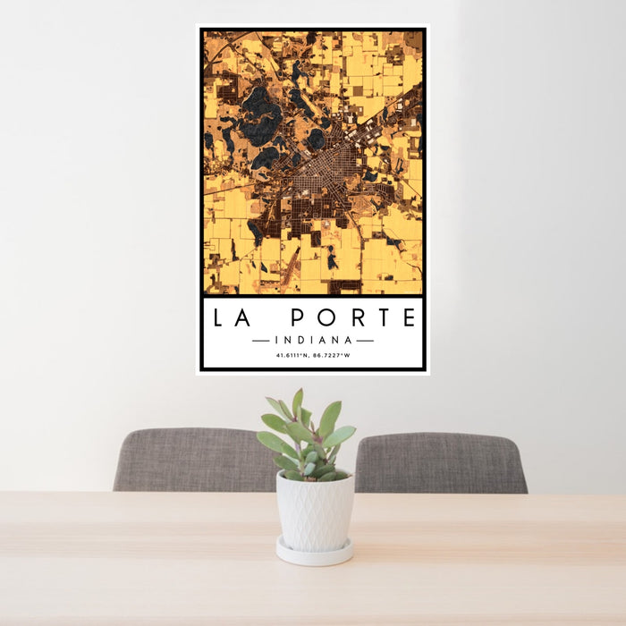 24x36 La Porte Indiana Map Print Portrait Orientation in Ember Style Behind 2 Chairs Table and Potted Plant