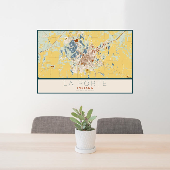 24x36 La Porte Indiana Map Print Lanscape Orientation in Woodblock Style Behind 2 Chairs Table and Potted Plant