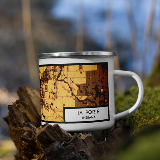 Right View Custom La Porte Indiana Map Enamel Mug in Ember on Grass With Trees in Background