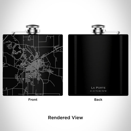 Rendered View of La Porte Indiana Map Engraving on 6oz Stainless Steel Flask in Black