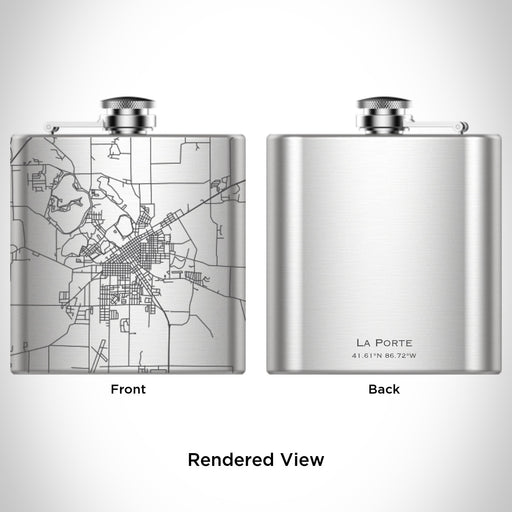 Rendered View of La Porte Indiana Map Engraving on 6oz Stainless Steel Flask