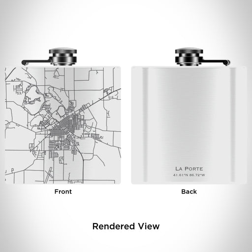 Rendered View of La Porte Indiana Map Engraving on 6oz Stainless Steel Flask in White