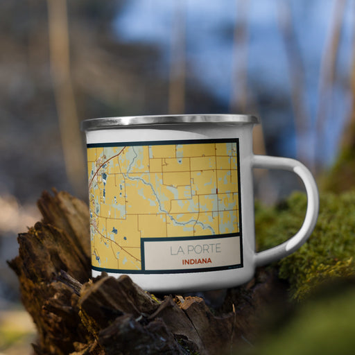 Right View Custom La Porte Indiana Map Enamel Mug in Woodblock on Grass With Trees in Background