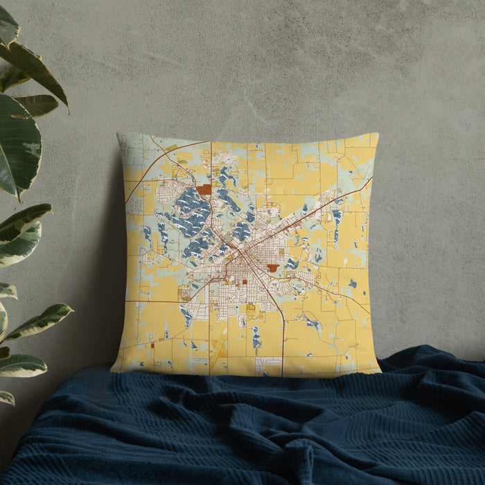 Custom La Porte Indiana Map Throw Pillow in Woodblock on Bedding Against Wall