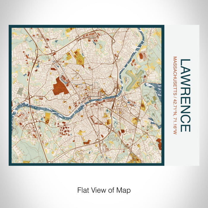Rendered View of Lawrence Massachusetts Map on 20oz Stainless Steel Insulated Bottle with Bamboo Top with printed woodblock style map
