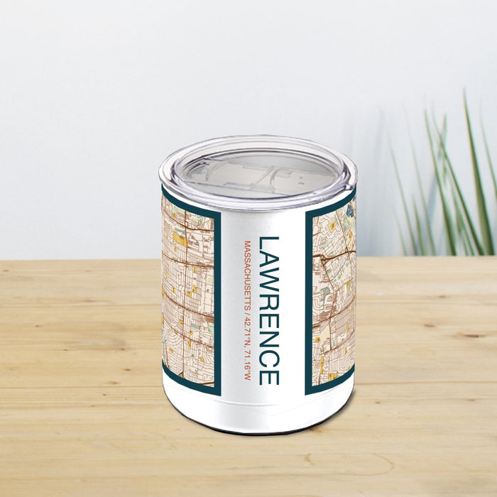 Lawrence Massachusetts Custom City Map Inscription Coordinates on 10oz Stainless Steel Insulated Cup in Woodblock with Sliding Lid