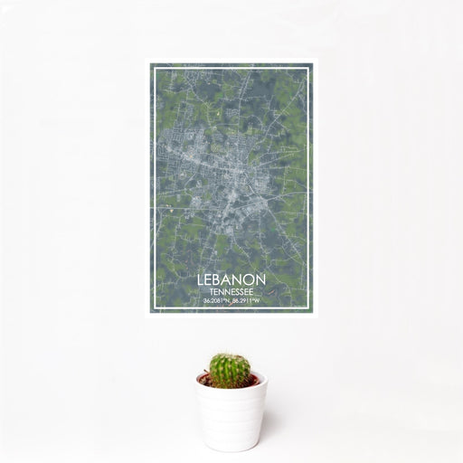 12x18 Lebanon Tennessee Map Print Portrait Orientation in Afternoon Style With Small Cactus Plant in White Planter