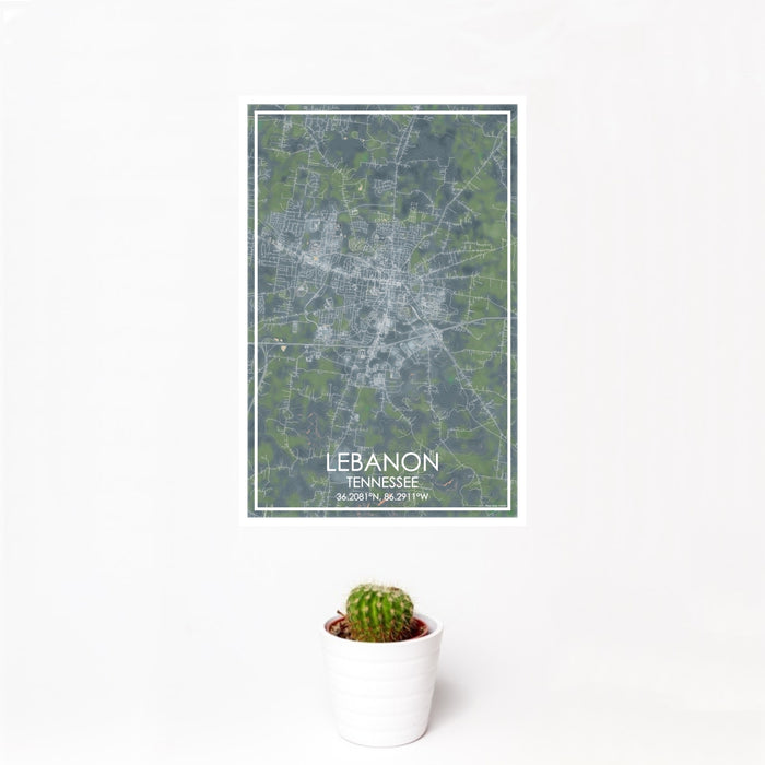 12x18 Lebanon Tennessee Map Print Portrait Orientation in Afternoon Style With Small Cactus Plant in White Planter