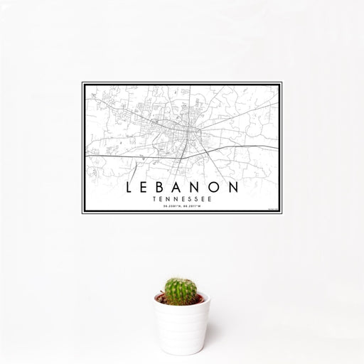 12x18 Lebanon Tennessee Map Print Landscape Orientation in Classic Style With Small Cactus Plant in White Planter