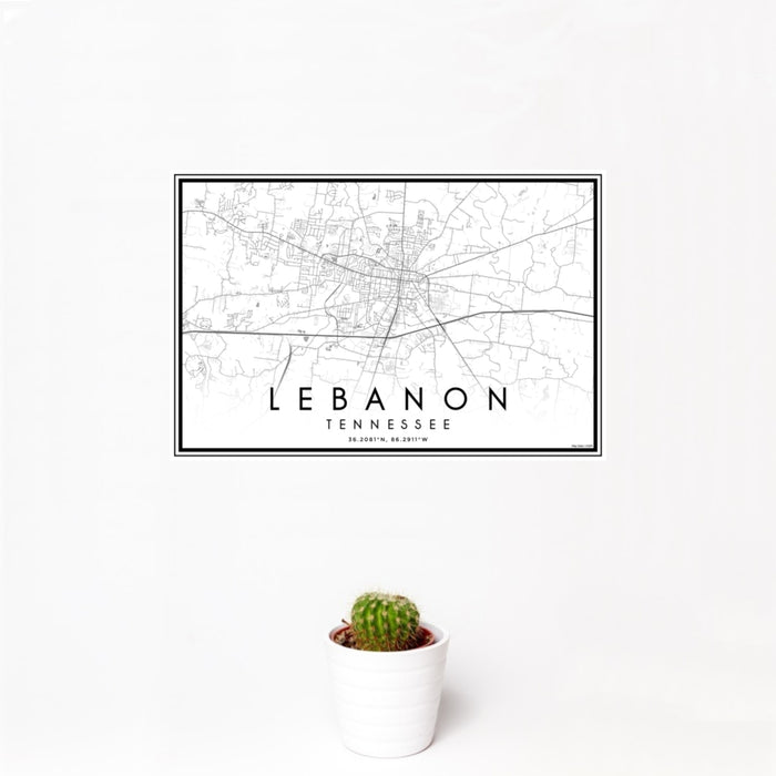 12x18 Lebanon Tennessee Map Print Landscape Orientation in Classic Style With Small Cactus Plant in White Planter