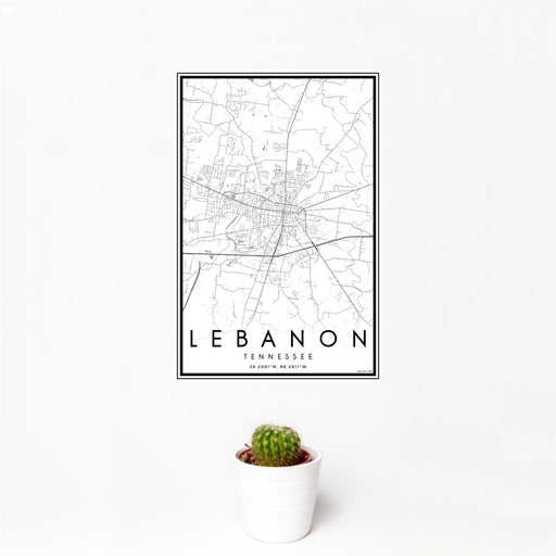 12x18 Lebanon Tennessee Map Print Portrait Orientation in Classic Style With Small Cactus Plant in White Planter