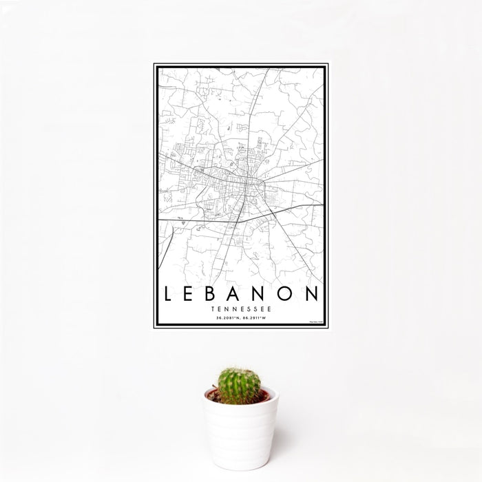 12x18 Lebanon Tennessee Map Print Portrait Orientation in Classic Style With Small Cactus Plant in White Planter