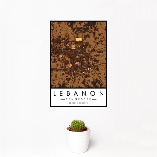 12x18 Lebanon Tennessee Map Print Portrait Orientation in Ember Style With Small Cactus Plant in White Planter