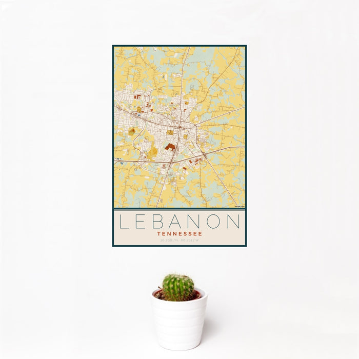 12x18 Lebanon Tennessee Map Print Portrait Orientation in Woodblock Style With Small Cactus Plant in White Planter
