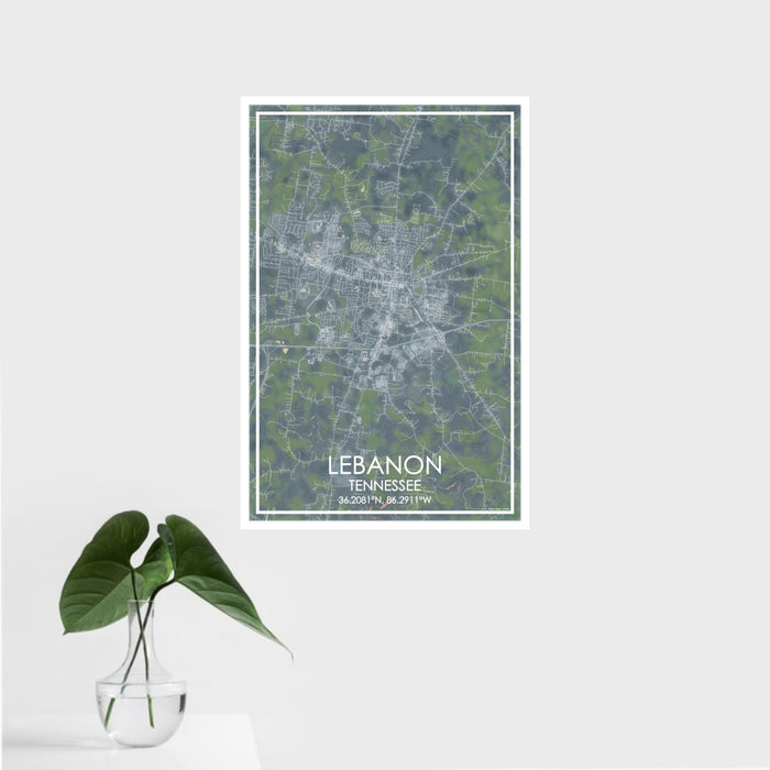 16x24 Lebanon Tennessee Map Print Portrait Orientation in Afternoon Style With Tropical Plant Leaves in Water