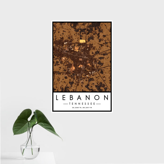 16x24 Lebanon Tennessee Map Print Portrait Orientation in Ember Style With Tropical Plant Leaves in Water