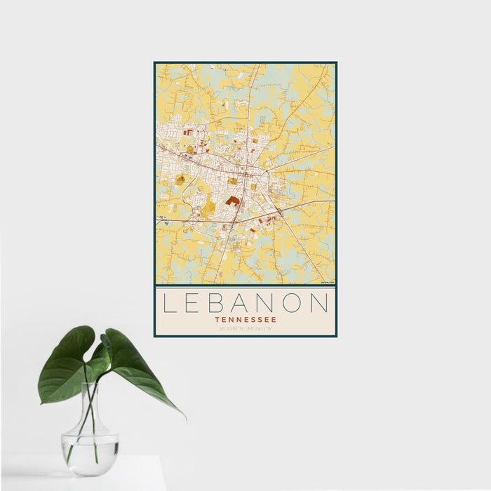 16x24 Lebanon Tennessee Map Print Portrait Orientation in Woodblock Style With Tropical Plant Leaves in Water