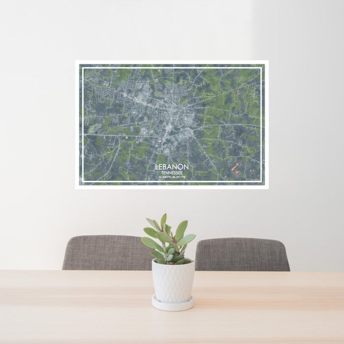 24x36 Lebanon Tennessee Map Print Lanscape Orientation in Afternoon Style Behind 2 Chairs Table and Potted Plant
